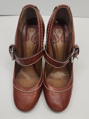 Chloe Chestnut Brown Leather Mary Jane Heels with Contrast Stitching Rare!